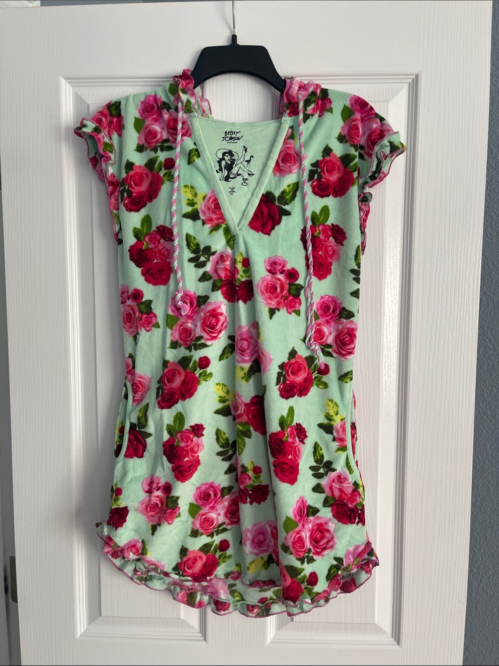 Betsey Johnson Mint Floral Hooded Swim Coverup with Pink Roses
